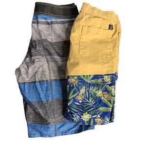 Lot of 2 Pull On Shorts Ezekiel PRNTD 28 Black Blue Stripe Pockets Drawstring